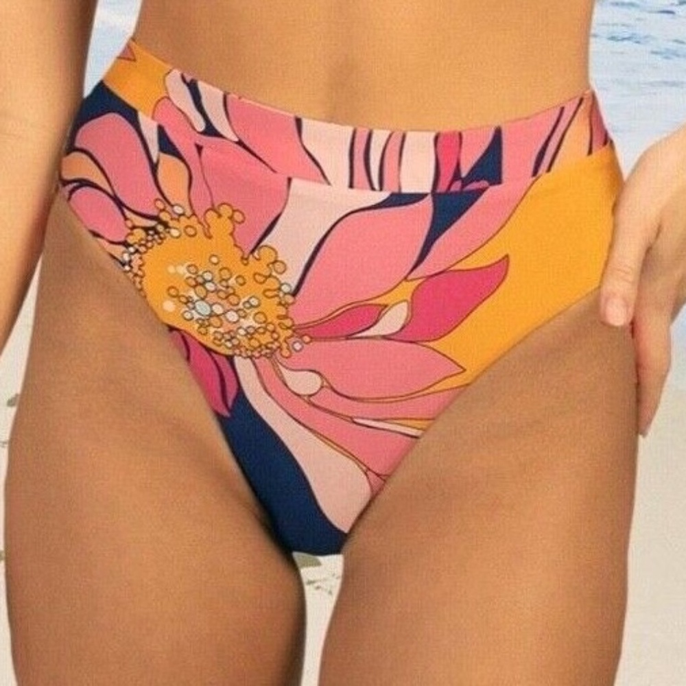 Trina Turk 'Breeze' Floral-Print High-Waist Bikini Bottom, Pink, Blue, Yellow